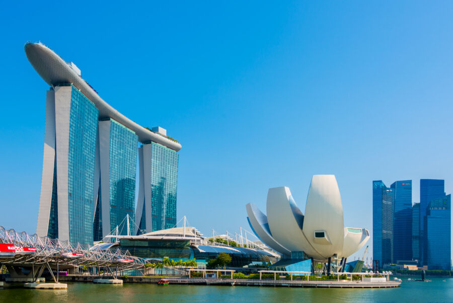 Scenic landscape featuring Marina Bay Sands Casino Hotel, highlighting its unique design amidst the bustling downtown of Singapore