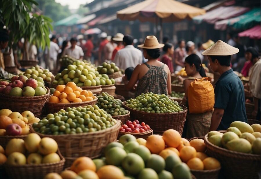 Vibrant outdoor market with colorful fruits, bustling shoppers, and traditional stalls.