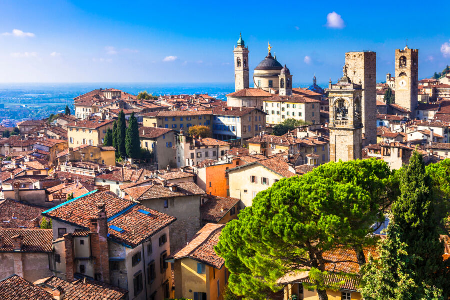 Scenic view of the medieval town of Bergamo, Italy, showcasing its historic architecture and charming cobblestone streets