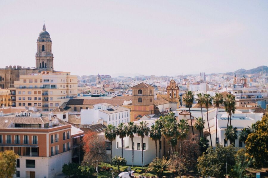 Panoramic Mediterranean cityscape featuring historical architecture, palm trees, and distant hills under sunlight.