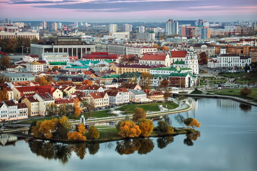 Panoramic view of the historical center of Minsk. Belarus. Sunset. Autumn.