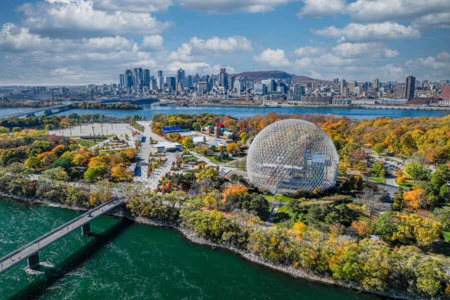 Stunning aerial view of Montreal in autumn, featuring colorful foliage and the city's unique skyline in Quebec, Canada