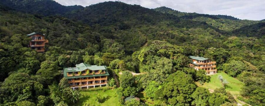 Aerial view of eco-friendly mountain resort surrounded by lush green forest.