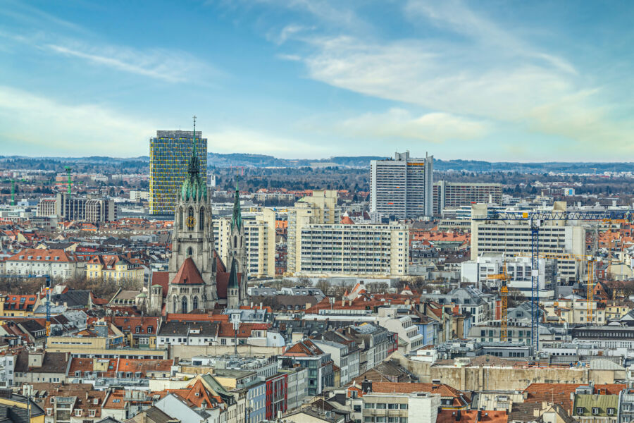 Aerial view of Munich, highlighting the cityscape with its architecture and parks in Bavaria, Germany