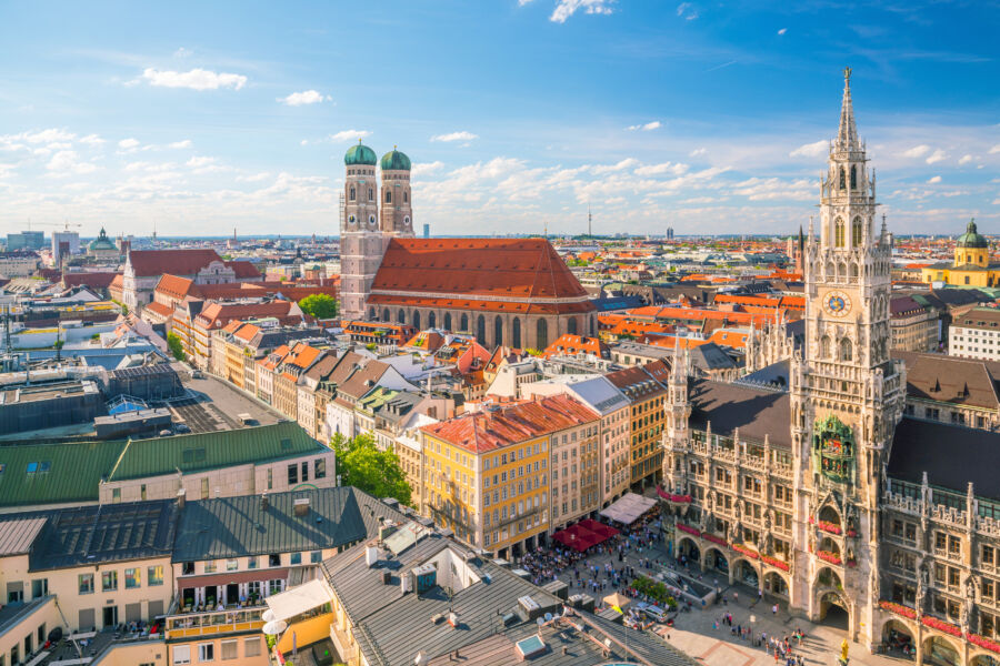 Aerial view of Munich skyline featuring the iconic Marienplatz town hall in Germany