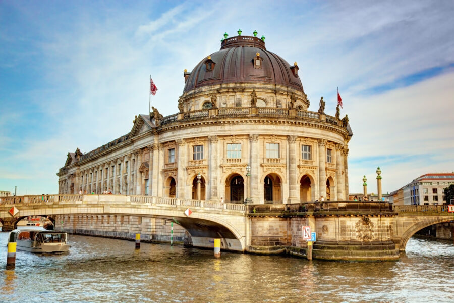 The Bode Museum on Museum Island, Berlin, overlooking the Spree River, showcasing stunning architecture and cultural heritage