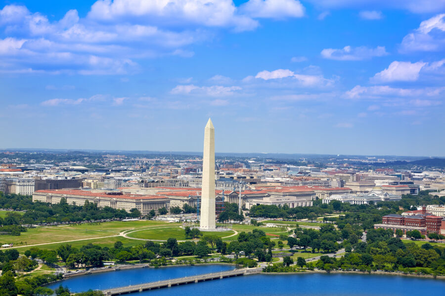 Aerial view of the National Mall in Washington, D.C., showcasing the iconic monuments and green spaces