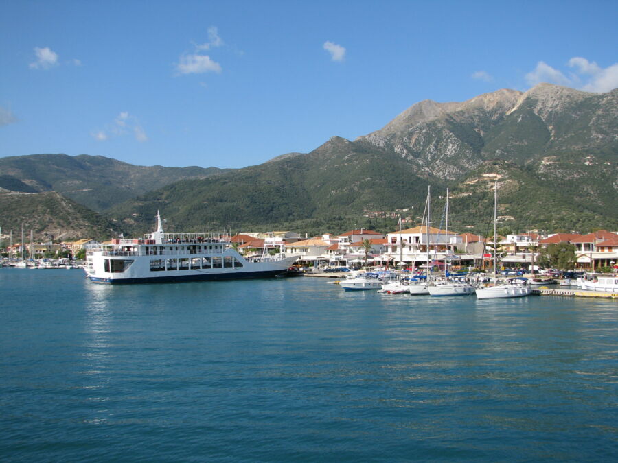 Panoramic view of Nidri town, Lefkada Island, showcasing its vibrant landscape in Greece