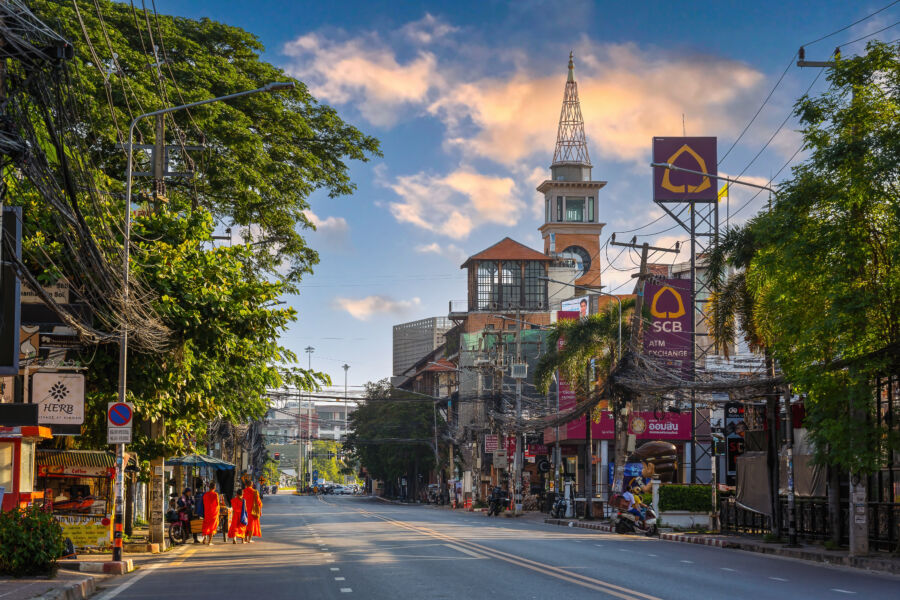 Morning view of Nimmanhemin Road, a bustling new downtown area and landmark in Chiang Mai, Thailand