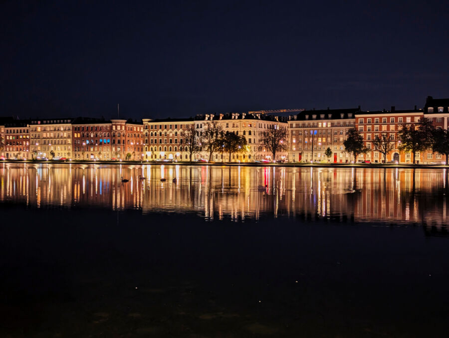 Night view of the serene lake promenade in Nørrebro, Copenhagen, Denmark