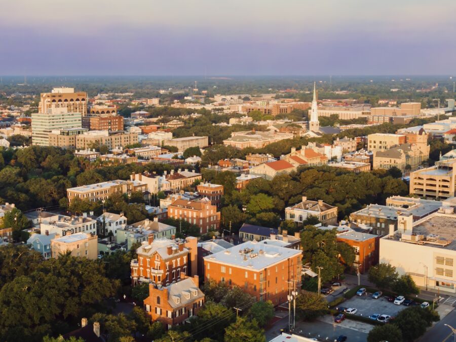 Aerial view of historic buildings in the North Historic District, showcasing Savannah, Georgia's architectural charm