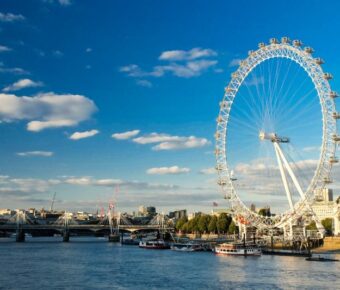 London Eye Ferris wheel overlooking Thames River