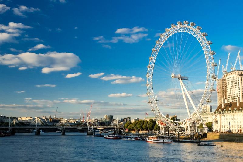 London Eye Ferris wheel overlooking Thames River