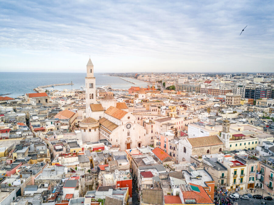 Scenic view of the historic old town of Bari, showcasing charming architecture and narrow cobblestone streets in Puglia, Italy