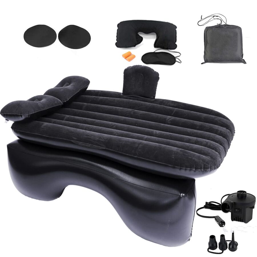 Ergonomic inflatable travel pillow kit with sleep accessories and electric pump for convenient comfort.