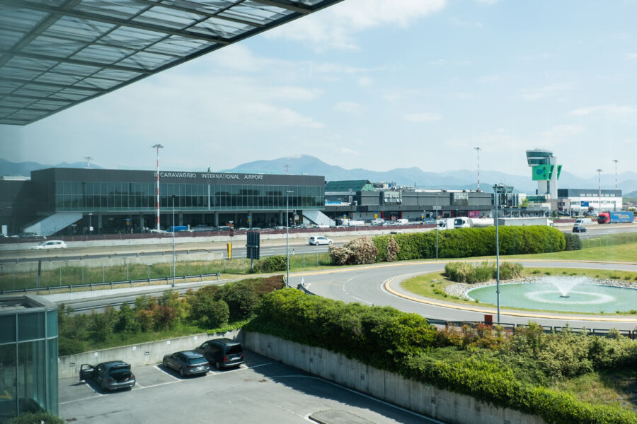 Scenic view of Orio Al Serio Airport in Bergamo, Italy, highlighting the terminal and nearby areas