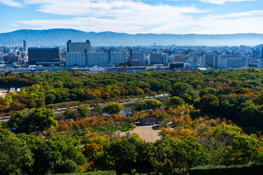 Aerial view of Osaka's skyline, showcasing modern buildings and the historic Osaka Castle in the foreground