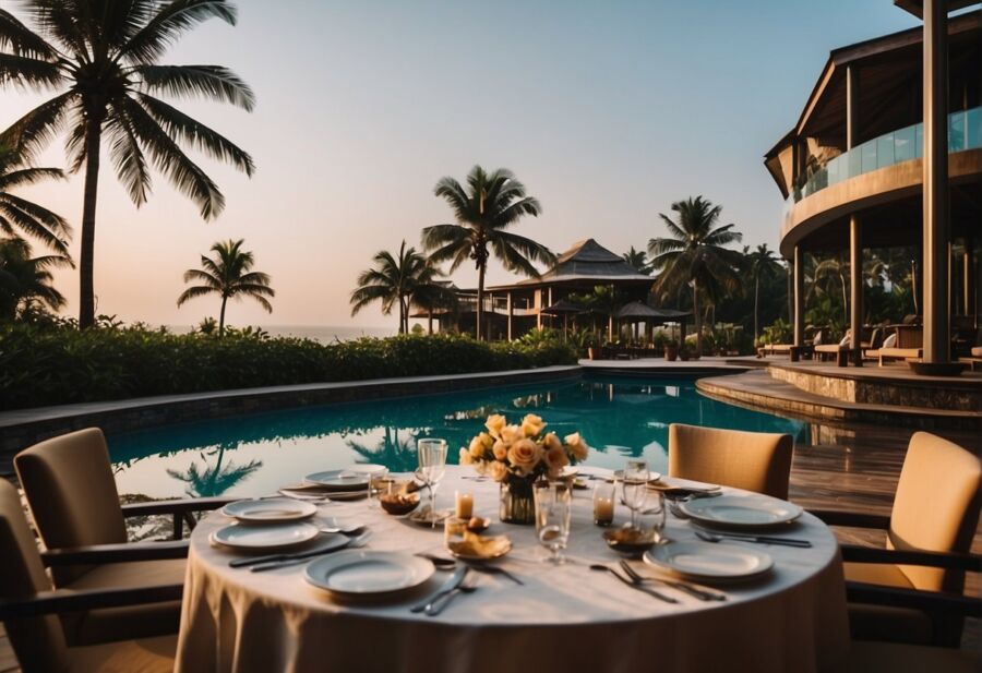 Luxurious poolside dining at sunset with modern architecture and tropical surroundings.