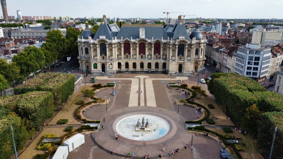 Aerial view of Palais des Beaux-Arts in Lille, France, showcasing its stunning architecture and surrounding landscape