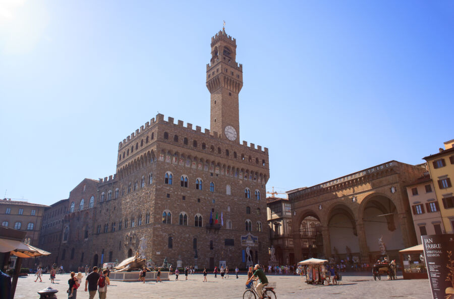 Panoramic view of The Palazzo Vecchio, showcasing its historic architecture and surrounding landscape in Florence