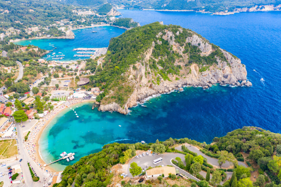 Aerial view of Paleokastritsa beach resort in Corfu, Greece