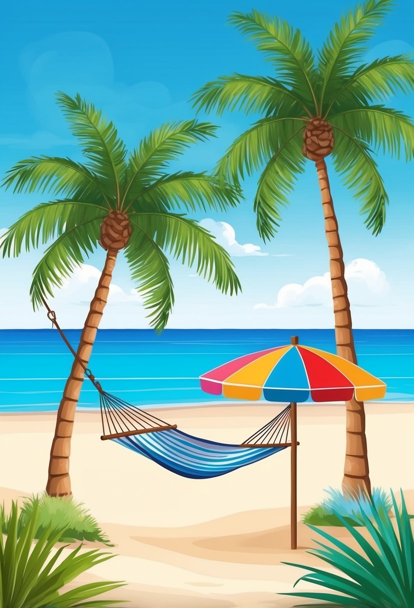 A beach with clear blue water and palm trees, a hammock between two trees, and a colorful beach umbrella