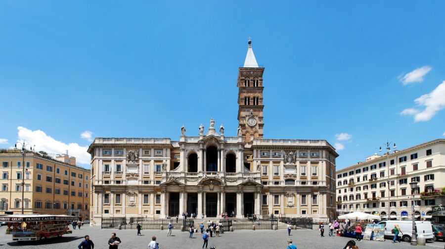 Exterior view of the Papal Basilica of Santa Maria Maggiore in Rome, showcasing its grand facade and architectural details.