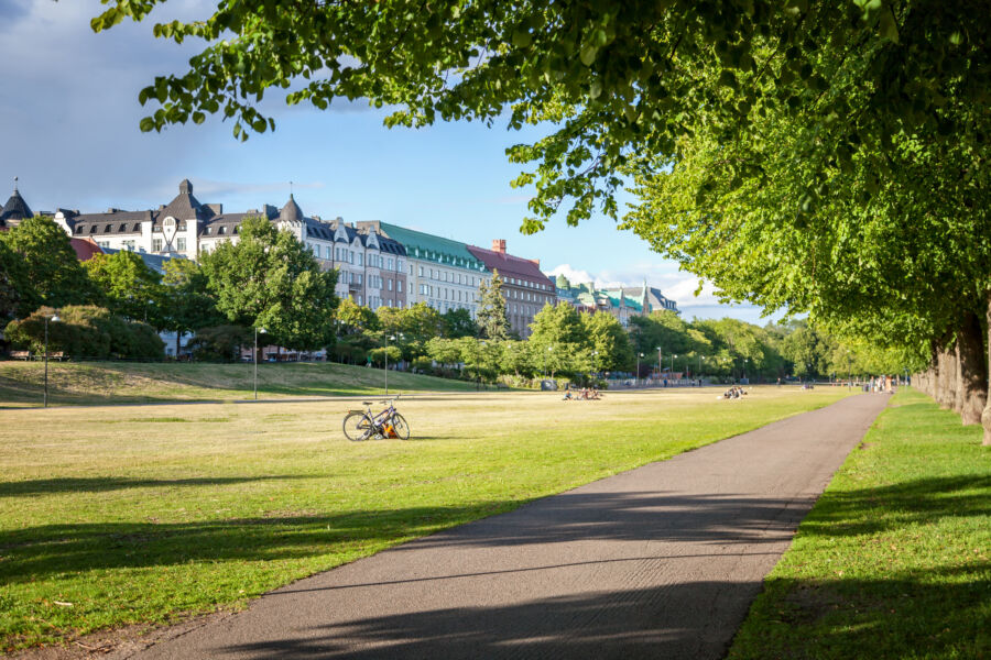 Vibrant green park in Helsinki, Finland, featuring a scenic city view and the public space of Parc Meri