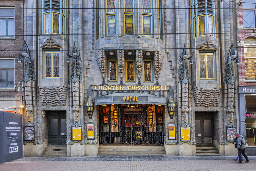 Front view of the Pathe Tuschinski movie theater, showcasing its ornate exterior and architectural details in Amsterdam