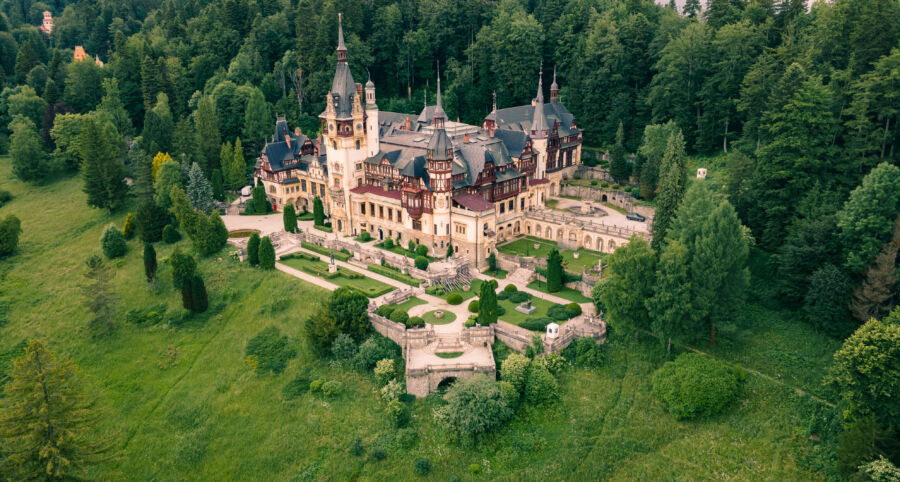 Aerial photography of Peles Castle in Romania. 