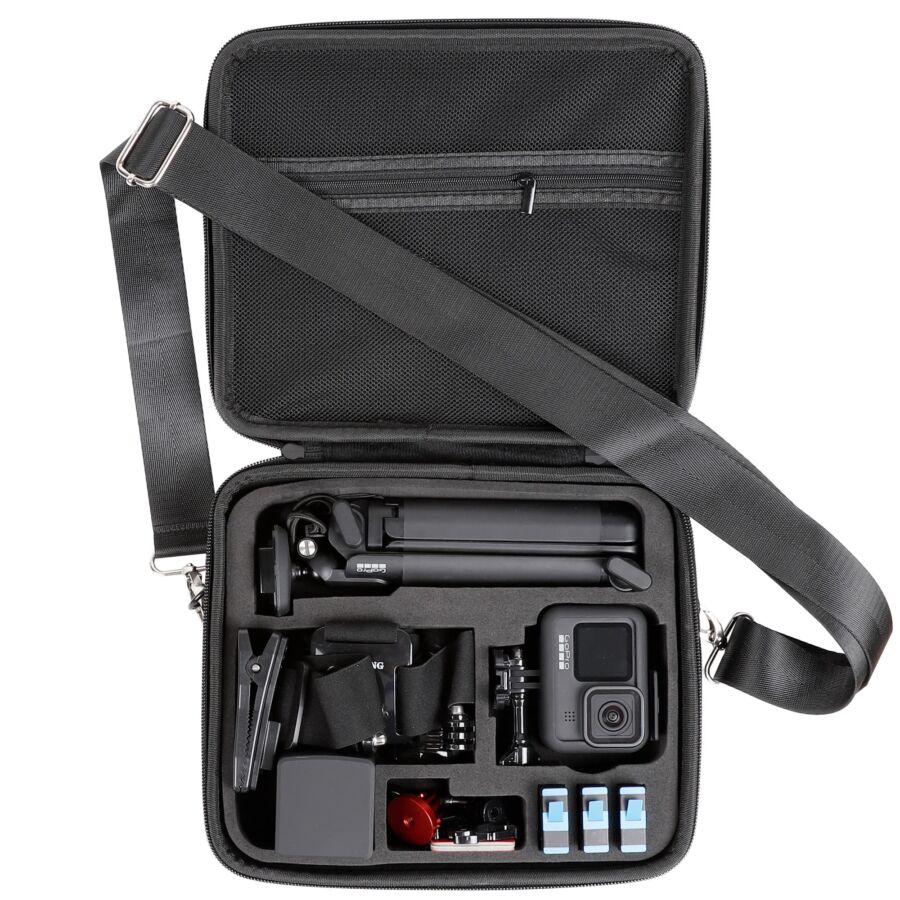 Compact camera case with organized compartments for tripods, action cameras, batteries, and accessories.