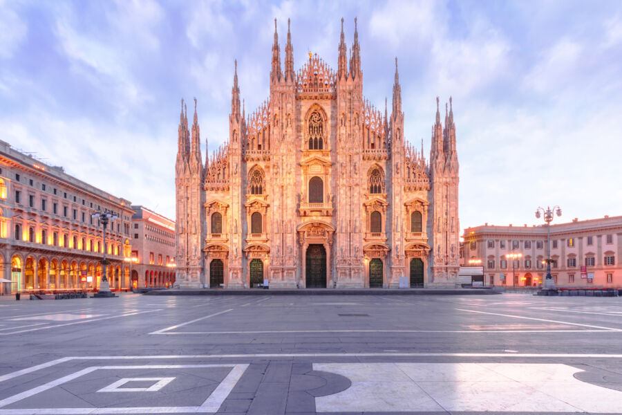 Piazza del Duomo, Cathedral Square, with Milan Cathedral or Duomo di Milano in the morning, Milan, Lombardia, Italy