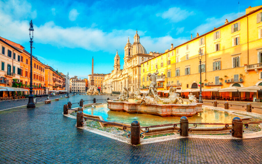 Panoramic sunset view of Piazza Navona, an iconic Roman square in Rome, Italy