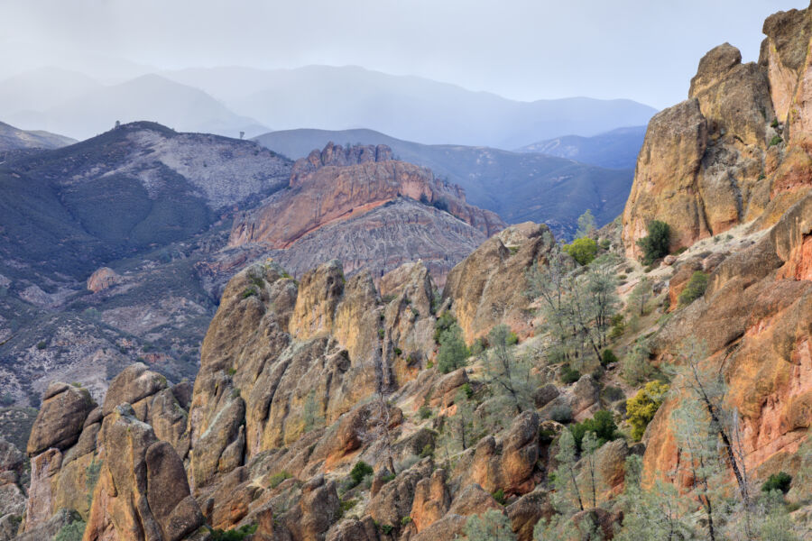 Volcanic Rocks at High Peaks on a winter sunset. Pinnacles National Park, San Benito County, California, USA.