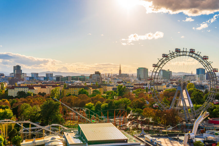 Aerial view of Vienna, Austria, highlighting the skyline and cityscape from the vantage point of Prater amusement park