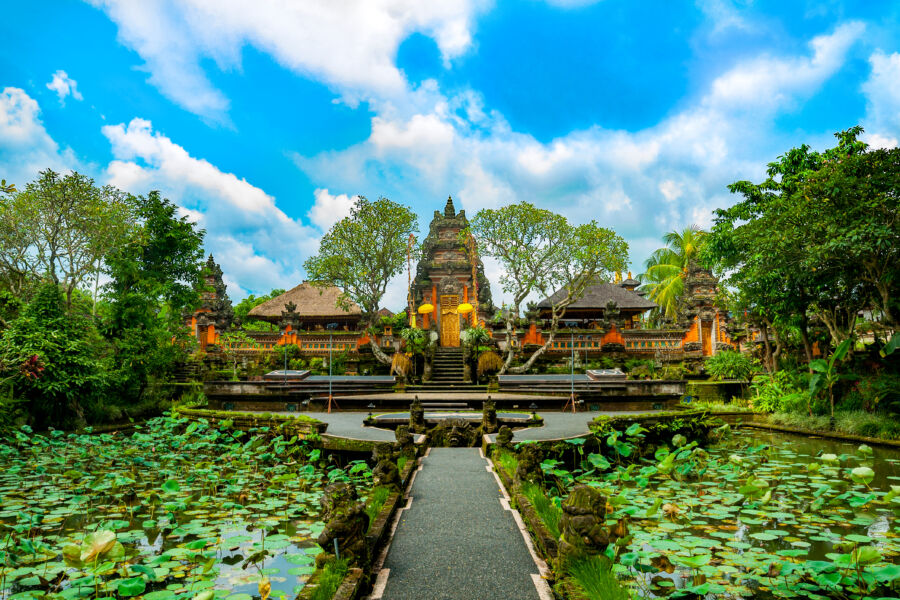 Stunning view of Pura Taman Saraswati temple in Ubud, Bali, featuring intricate architecture and tranquil lotus gardens