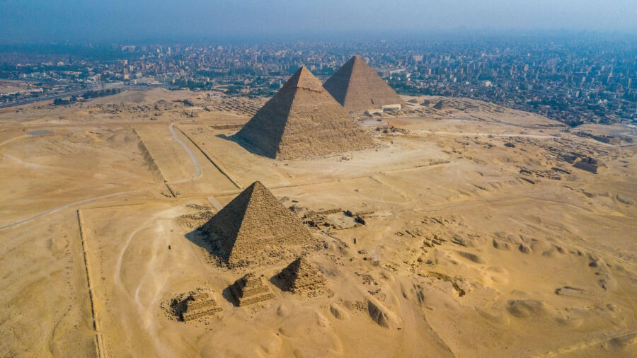 Historical Giza pyramids in Egypt shot by drone.