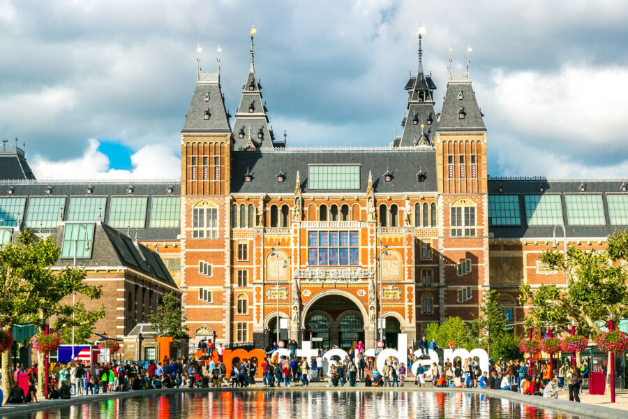 The exterior of the Rijksmuseum in Amsterdam, showcasing its grand architecture and iconic entrance