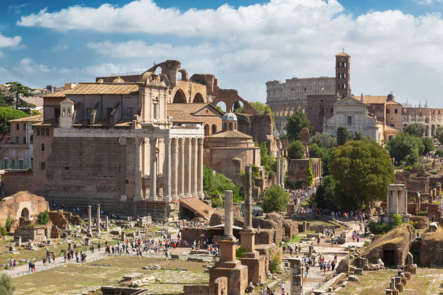 Panoramic aerial perspective of the Roman Forum in Rome, Italy