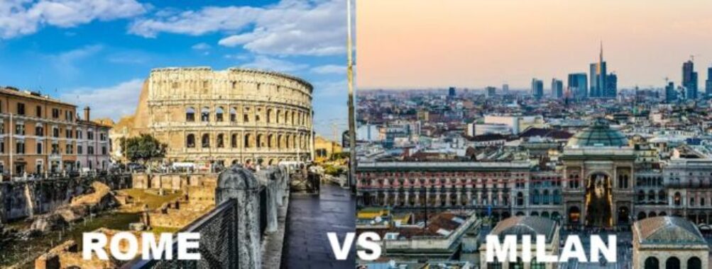 Comparison of Romes ancient architecture and Milans modern skyline in Italy.