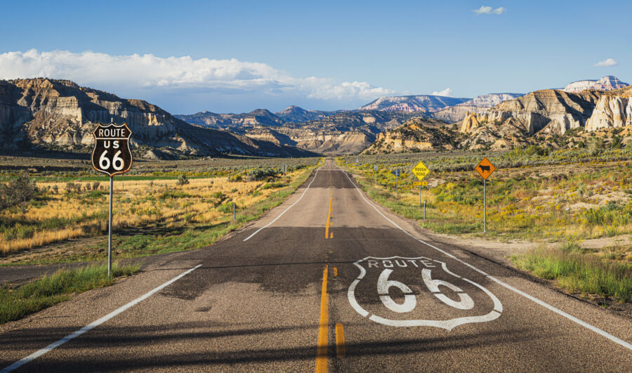 Scenic view of  famous Route 66 in classic american mountain sce