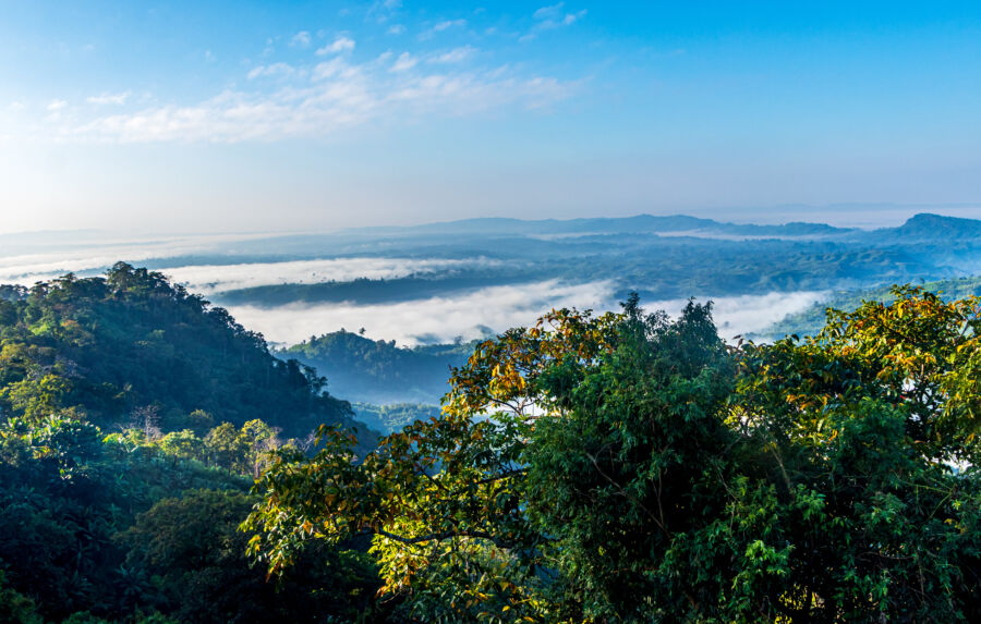 Aerial view of Sajek Valley in Bangladesh, showcasing a stunning sea of clouds enveloping the landscape below