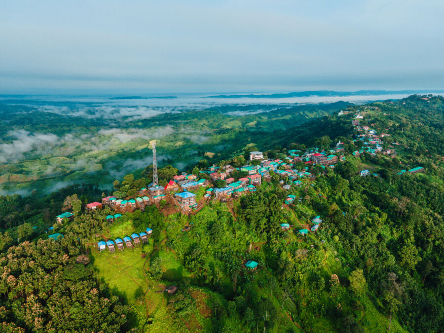 Aerial view of Sajek Valley in the Chittagong Hill Tracts, showcasing lush greenery and mountainous terrain in Bangladesh