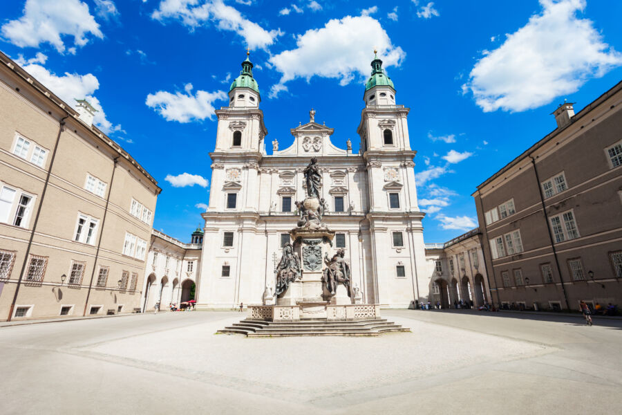 Panoramic view of Salzburg Cathedral, showcasing its stunning architecture and surrounding landscape in Salzburg, Austria