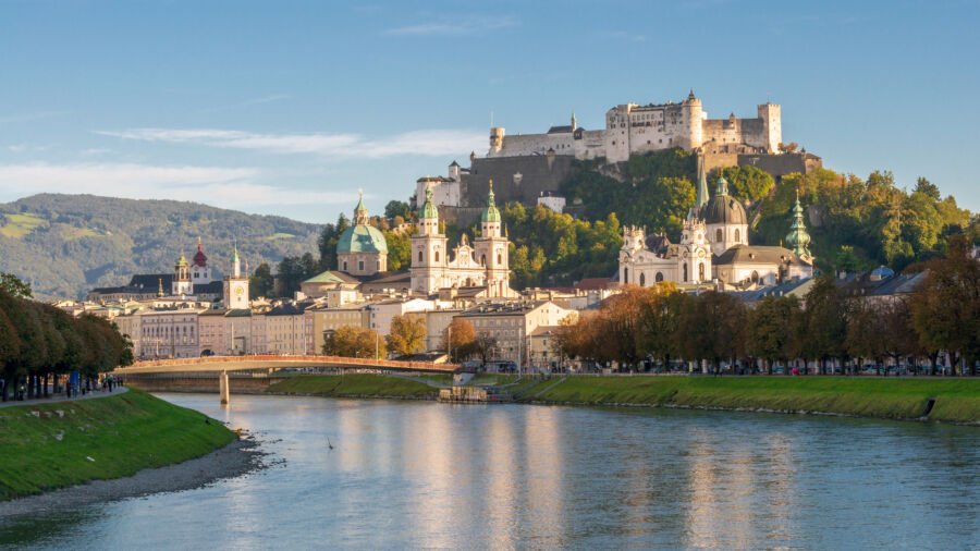 Panoramic view of Salzburg, Austria, showcasing its historic skyline with mountains in the background