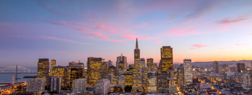 downtown San Francisco at sunset.