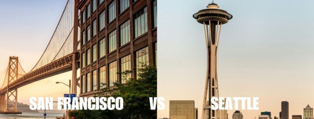 San Francisco vs Seattle: Iconic skylines, Bay Bridge, Space Needle, urban and cultural landscapes.