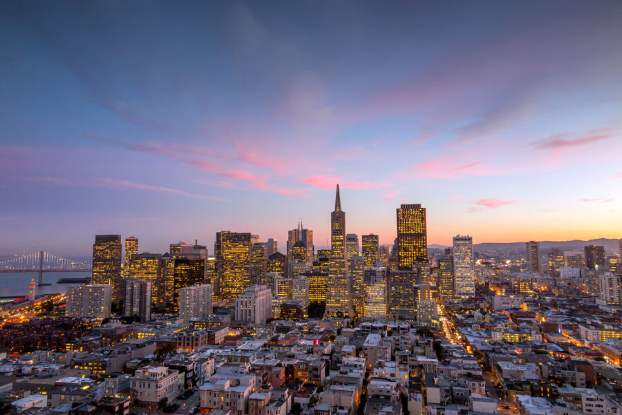 downtown San Francisco at sunset.