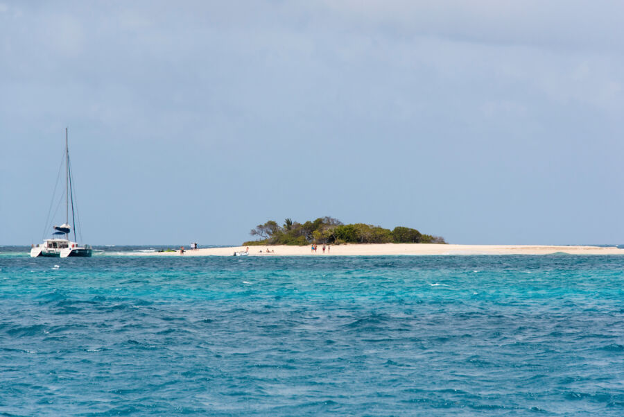 Panoramic view of Sandy Spit, a popular day mooring islet near Tortola in the British Virgin Islands, showcasing its natural beauty