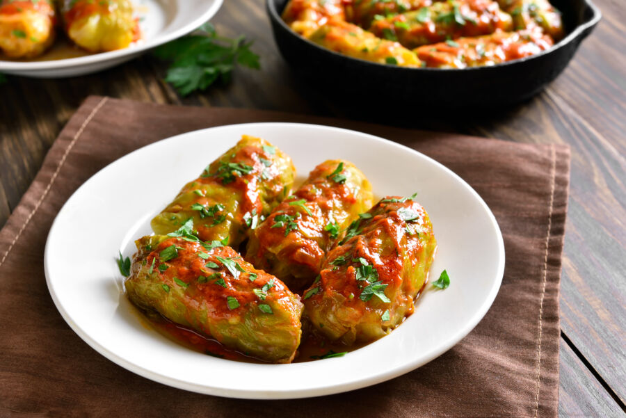 Cabbage rolls stuffed with ground beef and rice